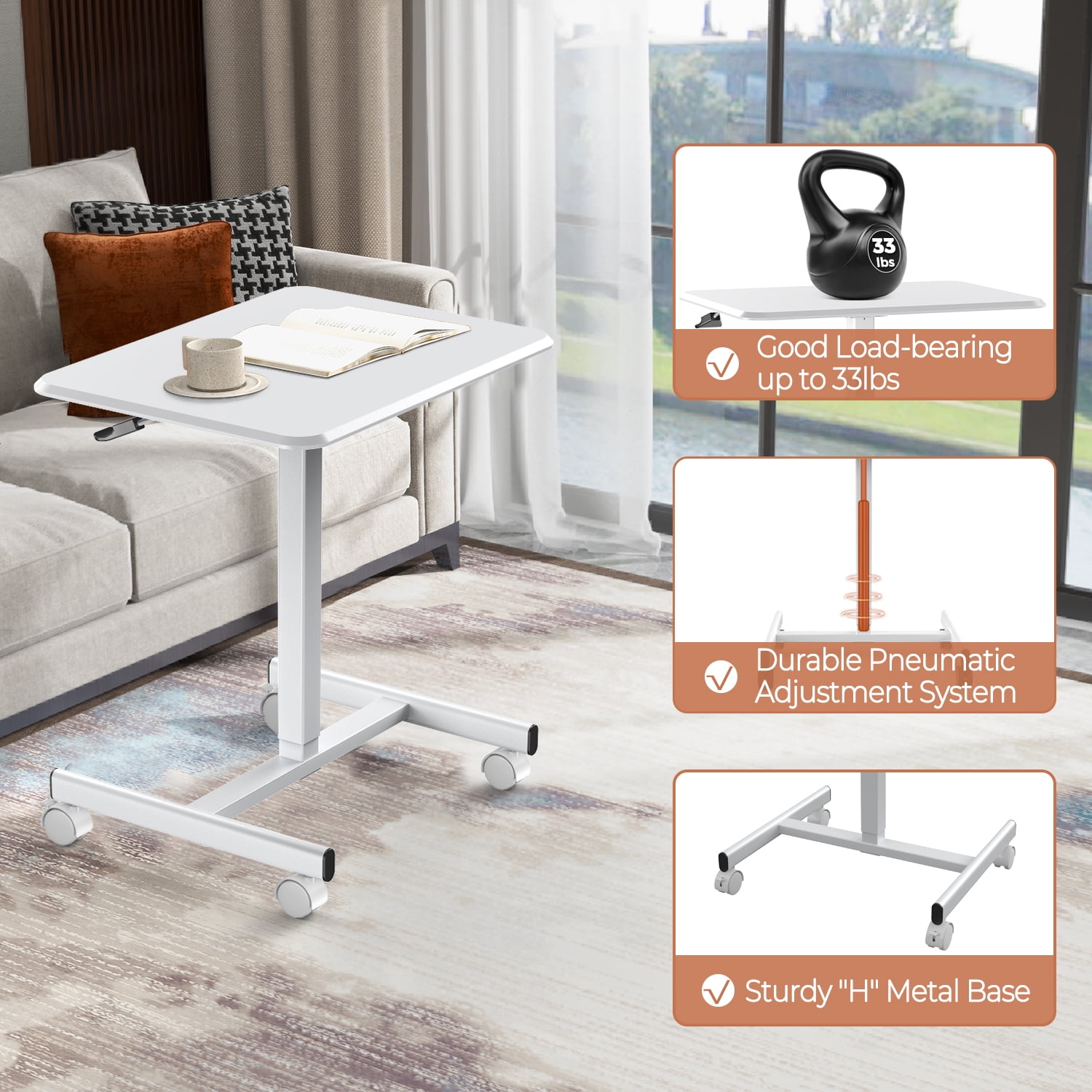 MAYEERTY Mobile Laptop Stand Rolling Desk with Adjustable Height for Home, Office, White