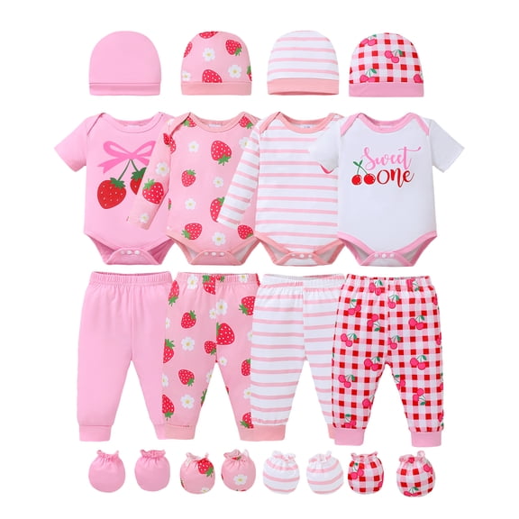 KIMI BEAR Newborn Baby Girl Layette Set Shower Gift Sets 4 Packs Romper Pants Sets Long Sleeves Short Sleeves Bodysuit with Hat Gloves 16pcs Clothing Pink NB