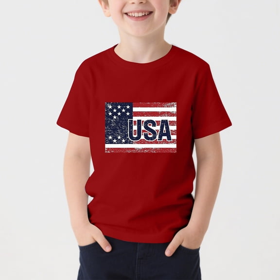 ITSAME American Flag T-Shirts for Boys, Short Sleeve 4th of July Crewneck Kids Independence Day Fashion Tops Red Size 5-6T