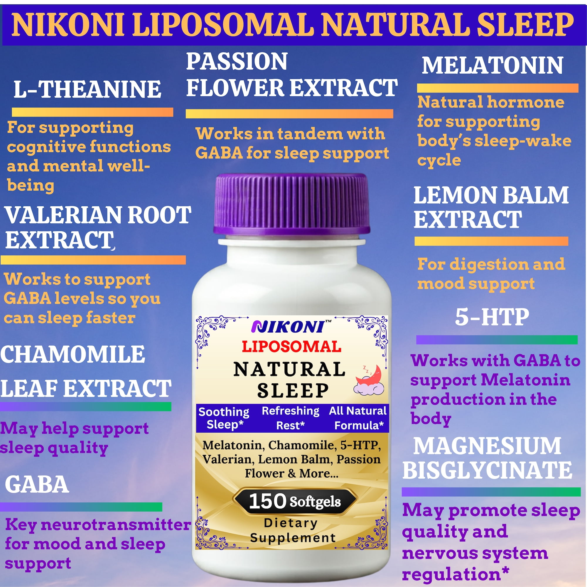 Nikoni Liposomal Sleep & Mood Support Supplement, Natural Blend for Relaxation & Emotional Wellness – 150 Softgels