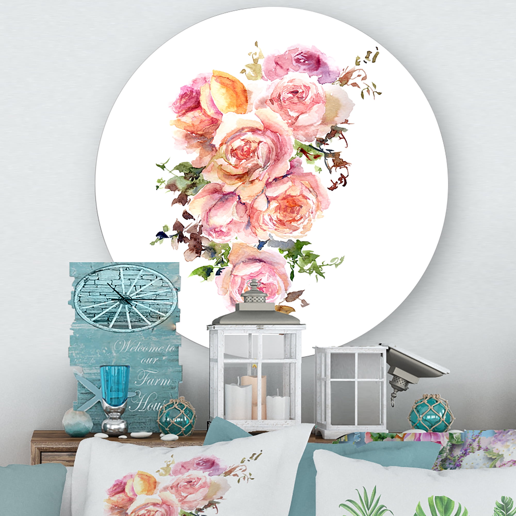 Designart 'Bouquet Of Pink Roses Flowers' Traditional Circle Metal Wall Art 23x23 - Disc of 23