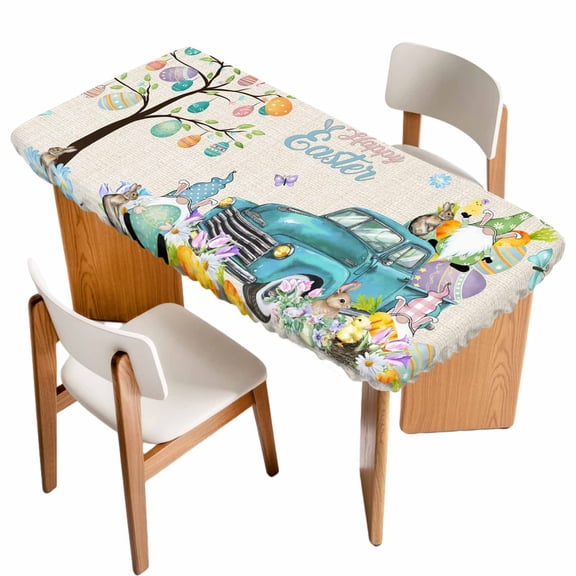 Easter Table Cloths for 5 Foot Rectangle Tables, Turquoise Truck Colorful Eggs Tree Gnomes Rabbit Patio Waterproof Elastic Fitted Tablecloths, Washable Rectangular Table Cover for Camping