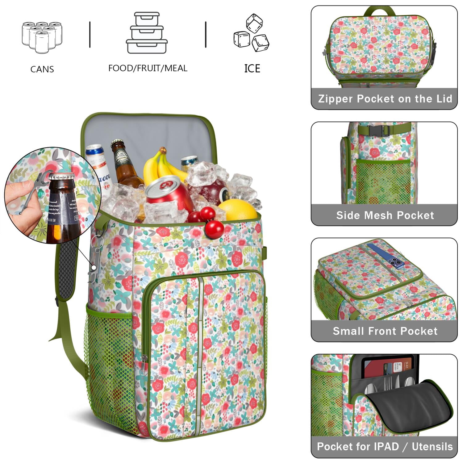 Travel Cooler Bag - Pioneer Flower Floral Print Pattern Camping Beer Cooler Backpack with Bottle Opener- Waterproof Insulated Picnic Backpacks - Cooler Bag for Beach