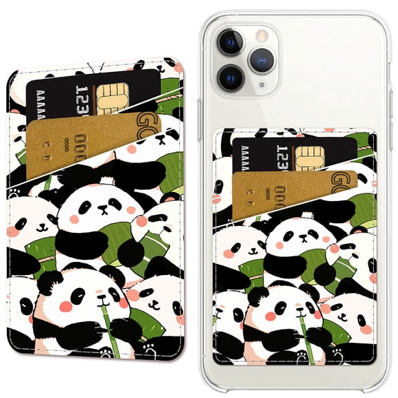 Panda Phone Card Holder Leather Cell Phone Wallet Stick on Adhesive Credit Card Holder Slim Double Pocket Sticker for Back of Phone Case