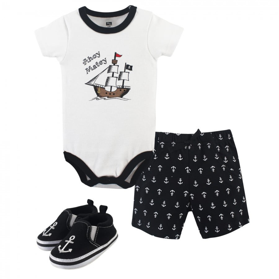 Hudson Baby Infant Boy Cotton Bodysuit, Shorts and Shoe 3pc Set, Pirate, 1218 Months