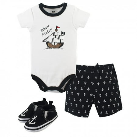 UPC: 0660168554632 | Hudson Baby Infant Boy Cotton Bodysuit  Shorts and Shoe 3pc Set  Pirate  6-9 Months
