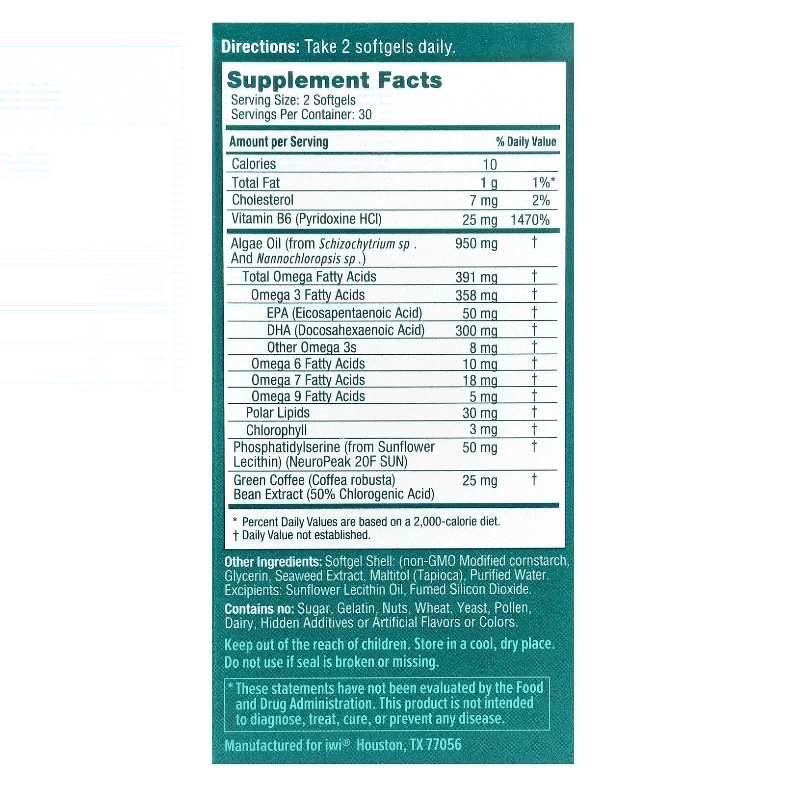 thumbnail image 2 of iwi Brain Booster - Vegan Algae Omega 3 + PS & Green Coffee Bean Extract, EPA, DHA - 30 Day Supply, 2 of 3