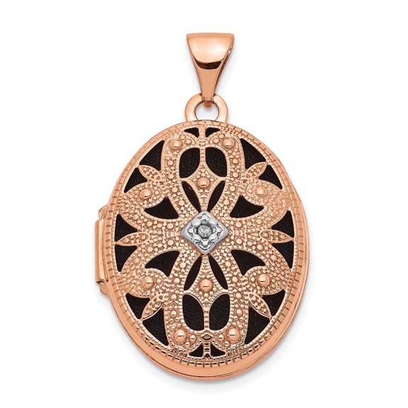 Auriga Fine Jewelry 14K Rose Gold 21mm Oval Diamond Vintage Blk Interior Locket Pendant for Women (L-28mm, W-17mm)