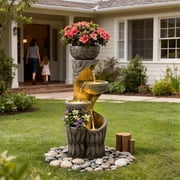 4 Tiered Water Fountain Outdoor, 35.6 Tall Cascading Bowl Leaf Carved Outdoor Waterfall Fountains Modern Water Feature with Dual Planters for Garden, Patio,Deck, Yard, Indoor Decor