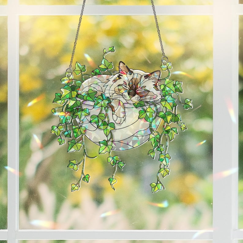 Birman Cat Hologram Ornament: Sleeping Cat in Ivy Acrylic Window Hanging
