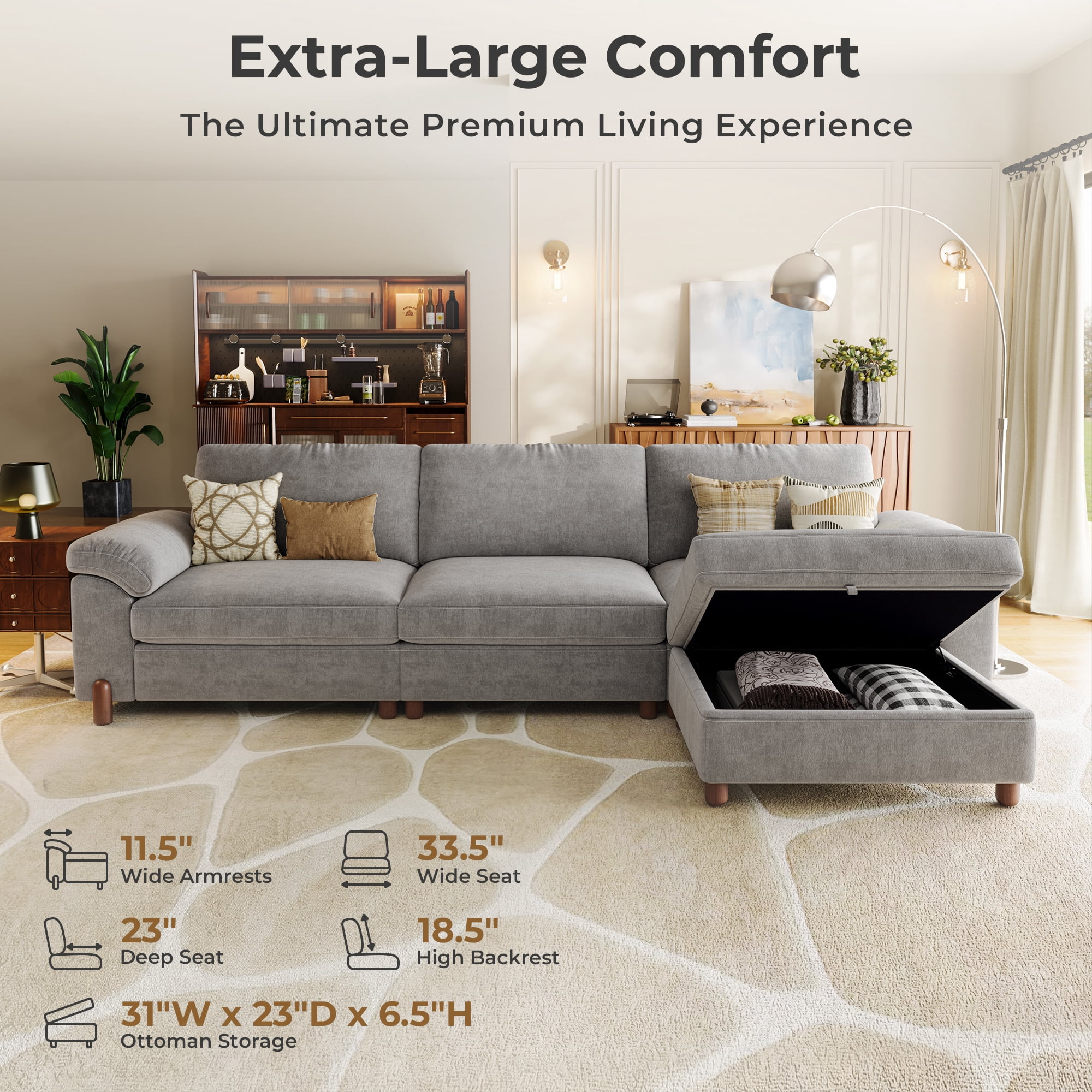 Modular Sectional Sofa with Removable Washable Covers, Oversized Deep Seat 3 Seater L Shaped Couch with Storage Ottoman, Chenille in Light Gray