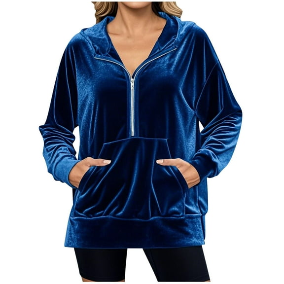 FAIWAD Hoodies for Women Velour Long Sleeve Half Zip Hooded Pullover with Pockets Casual Loose Velvet Sweatshirt