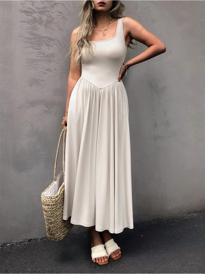 Women'S Summer Maxi Dress Sleeveless Square Neck Casual Beach Sundress with Pockets, Flowy Patchwork Knit White S