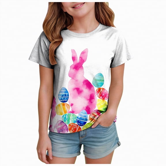 Taybagh Shirts for Girls Happy Easter Graphic Print Girls Short Sleeve Spring T-Shirt Funny Tee Cotton