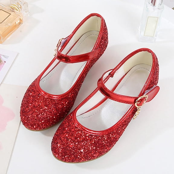 Girls Low Heels Princess Shoes Glitter Sequins Mary Jane Shoes Color Red Size 8-9 Years
