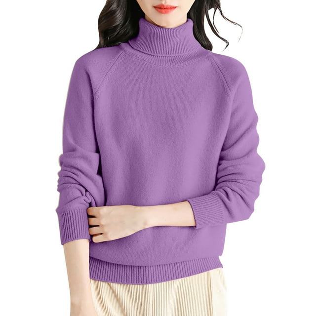 Duoif Pulls pour Femmes Chandail en Laine Col Roulé Première Ligne Prêt à Porter Manches Longues Tricot Tendance Violet TG