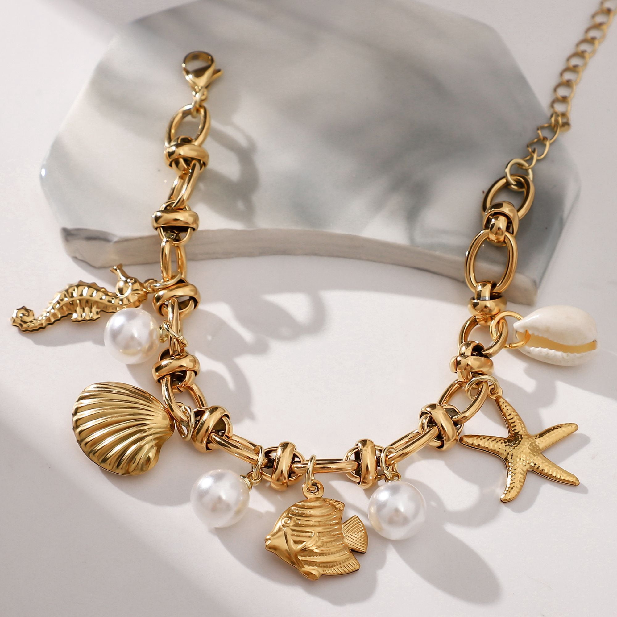 Seashell Charm Bracelet for Women by Ginger Lyne Gold Plated Stainless Steel Pearls Starfish and Shells