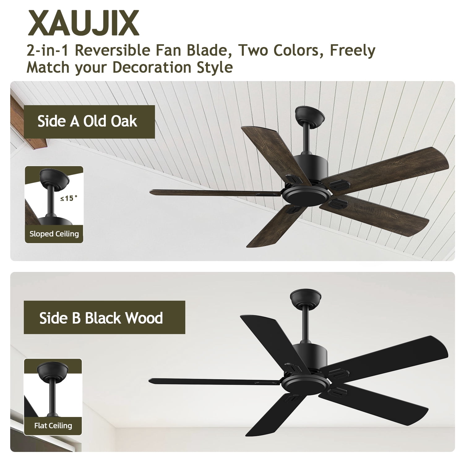 XAUJIX 52" Ceiling Fan with Remote Control No Light, 6 Speeds Reversible DC Motor Indoor Outdoor 5 Blades Modern Ceiling Fans for Patio Garage Kitchen Bedroom(Old Oak/Black)