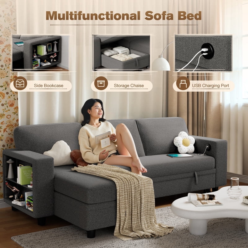 Homall 80" Sleeper Sofa Couch with Pull Out Bed Sectional Sofa with Storable Armrest Shelf and USB Charge Port for Living Room,Gray