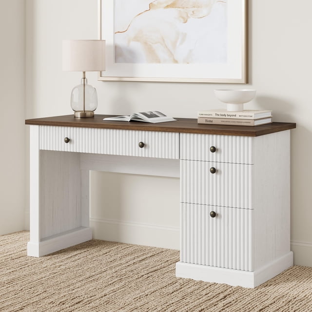 GloryStar Fluted Wooden Desk, 54'' Home Office Executive Desk with Storage Drawers and Built-In Charging Station
