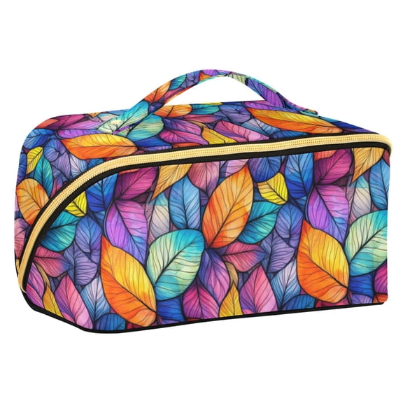 FORMRS Makeup Bag Travel Cosmetic Organizer for Women Fold Flat Zipper Pouch with Handle, Colorful Leaves