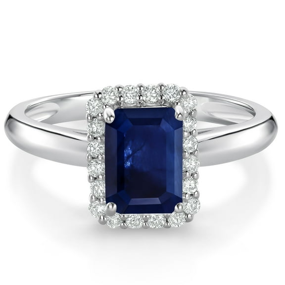 Gem Stone King 1.72 Ct Octagon Blue Sapphire G/H Lab Grown Diamond 10K White Gold Halo Engagement Ring (Size 7)