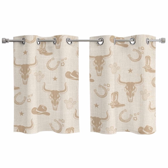 Beige Cow Skull Kitchen Curtains Window Panels, Southwestern Vintage Cowboy Boots Burlap Insulated Window Treatment Curtain, Grommet Curtains for Bedroom/Living Room/Bathroom, 2 Piece 27.5"Wx39"L