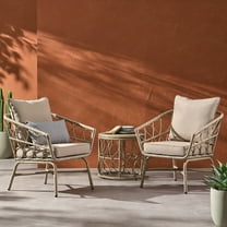 Montserrat Wicker Outdoor 3 Piece Chat Set with Cushions, Light Brown and Beige