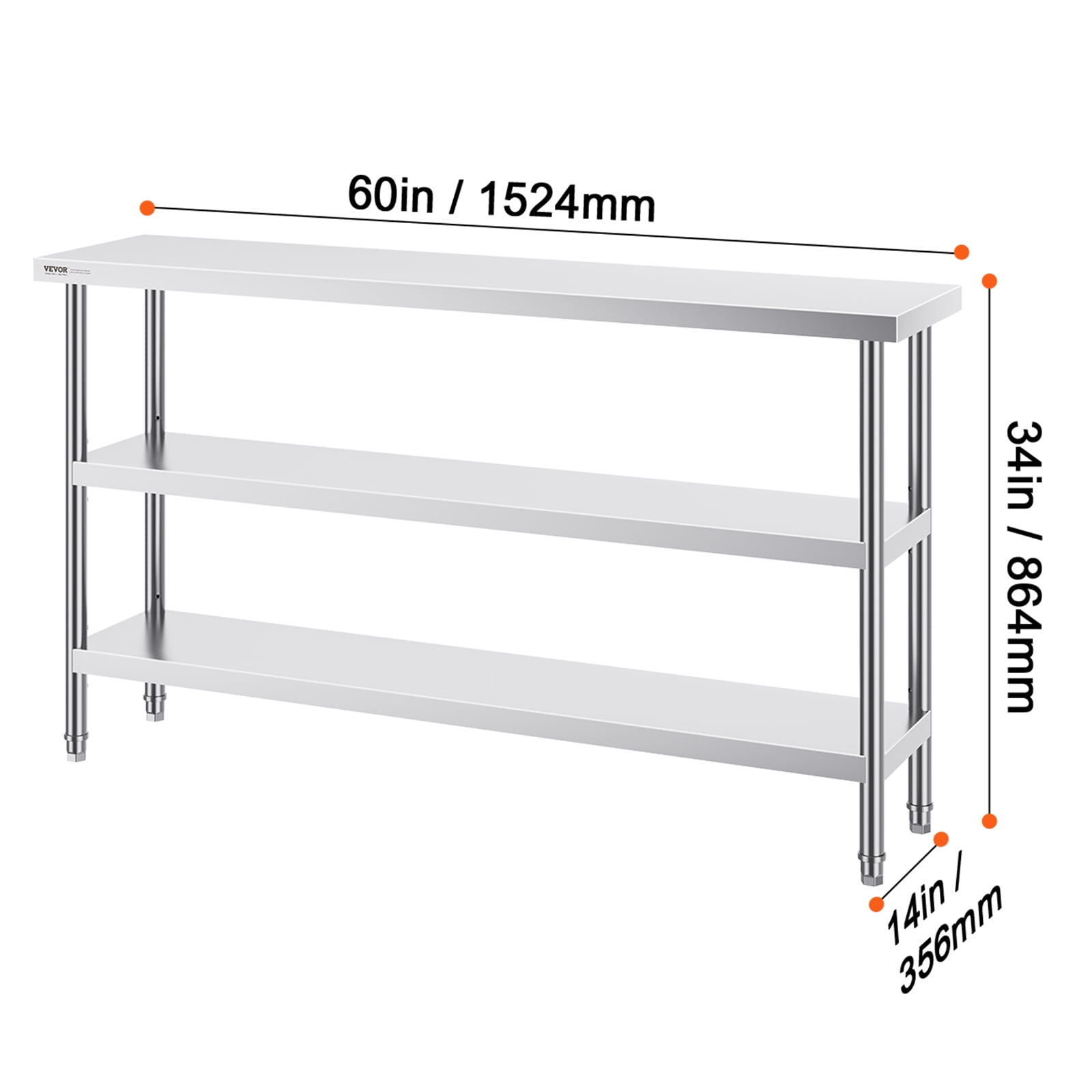 VEVOR Stainless Steel Food Prep Table, 14 x 60 x 34 Inch Commercial Kitchen Worktable, with 2 Adjustable Undershelf, Heavy Duty Prep Table Metal Work Table for BBQ, Kitchen, Home, and Garage