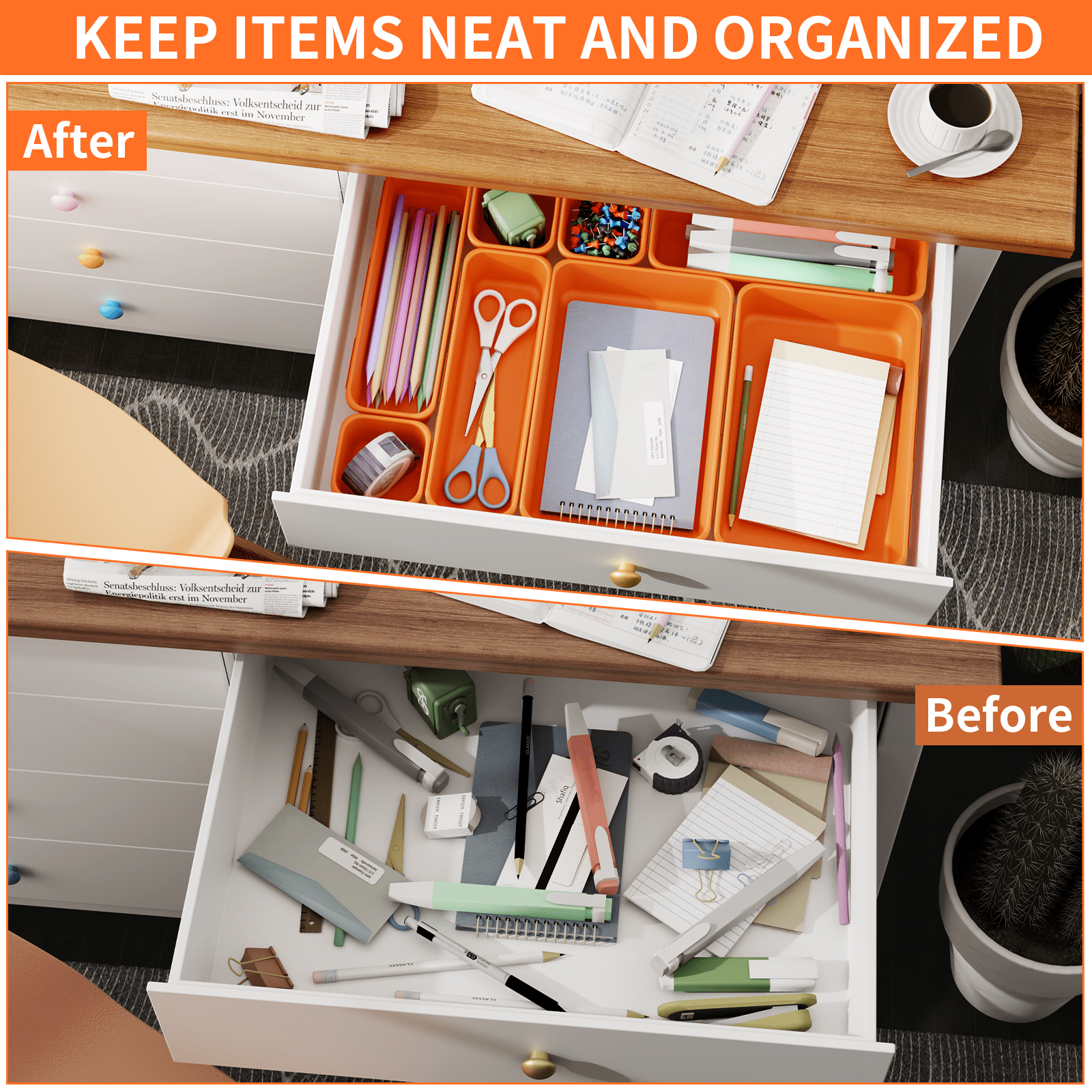 HAIDAIYA 45 Pack Plastic Drawer Organizer Trays, 3-Sizes Vanity and Desk Storage Bins, tool box Organizers for Makeup, Jewelry, Gadgets, Utensils, Orange