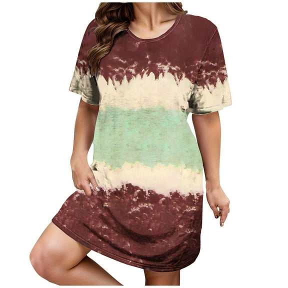 Uaswgudfs Trendy 2025 Tie-Dye Women's Short Sleeve Casual Dress - Loose Fit Gradient Texture & Round Neck Midi Length for Summer Street Style Brown 4XL
