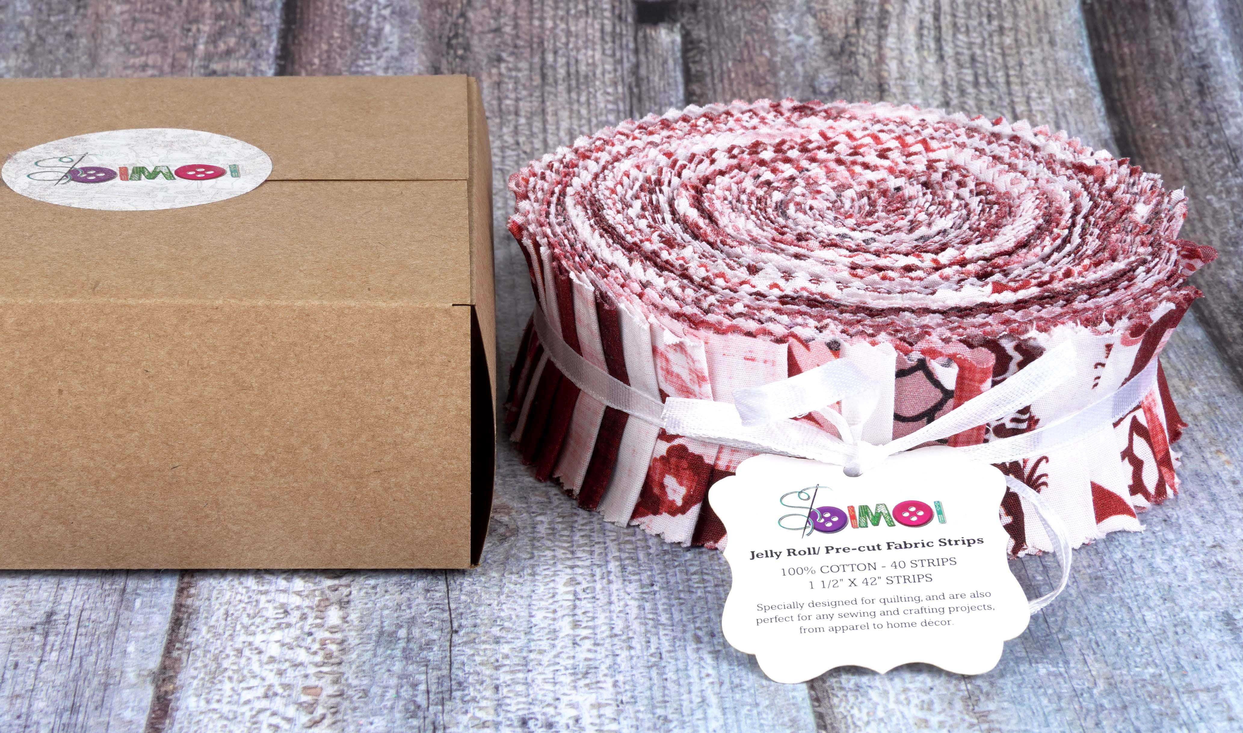 Soimoi 40Pcs Block Print Precut Fabrics Strips Roll Up 1.5x42inches Cotton Jelly Rolls For Quilting - Red