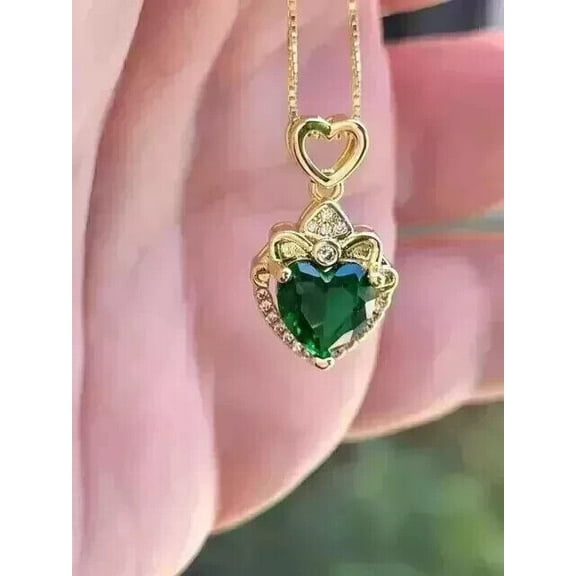 14K Yellow Gold Plated 2.10Ct Heart Cut Lab-Created Green Emerald Heart Pendant