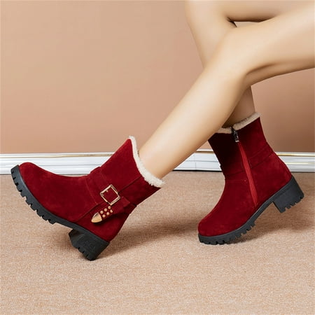 

Yedhsi Boots for Women Suede Belt Buckle Embellished Round Toe Thick High-heeled Fleece Snow Boots Womens Boots