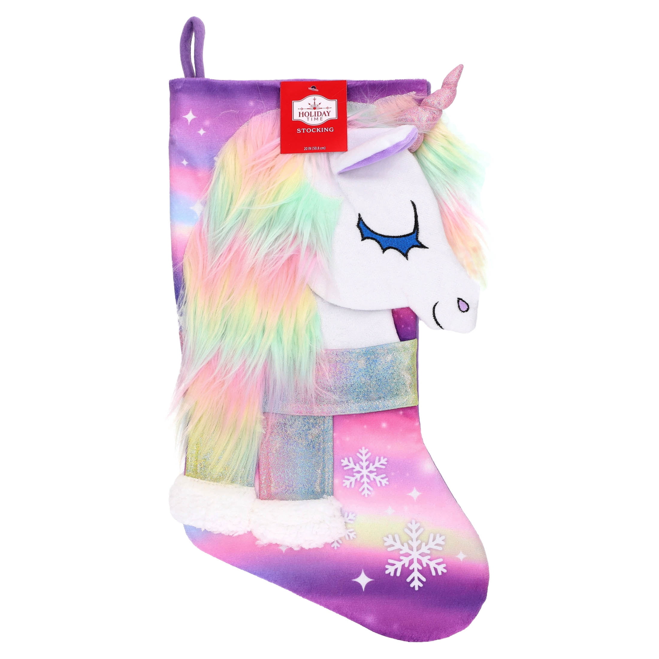Holiday Time Unicorn 20 Inch Christmas Stocking with Rainbow Mane