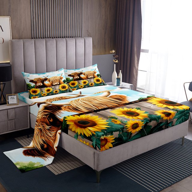 Erosebridal Highland Cow Queen Sheet Sets, Sunflower Bedding Queen Size, Rustic Animal Decor, 4pcs