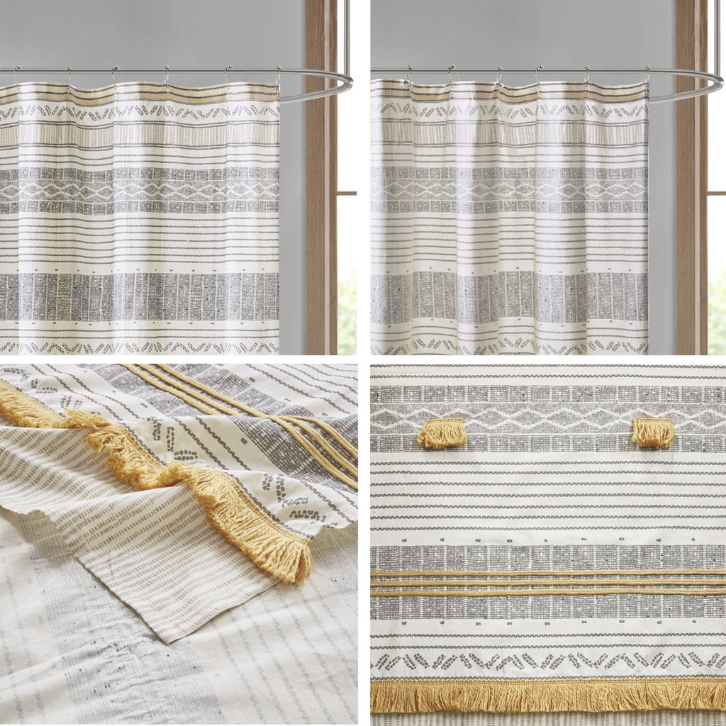 MAYEERTY Cotton Stripe Printed Shower Curtain with Tassel，Bathroom Shower Curtains