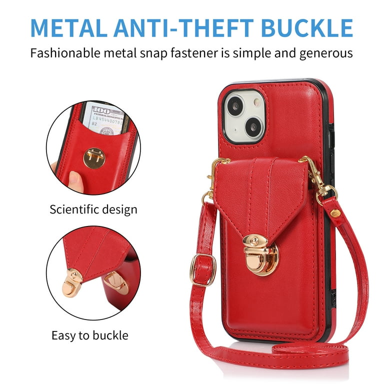 Magnetic Buckle Wallet Shoulder Strap Phone Case For iPhone 15 14