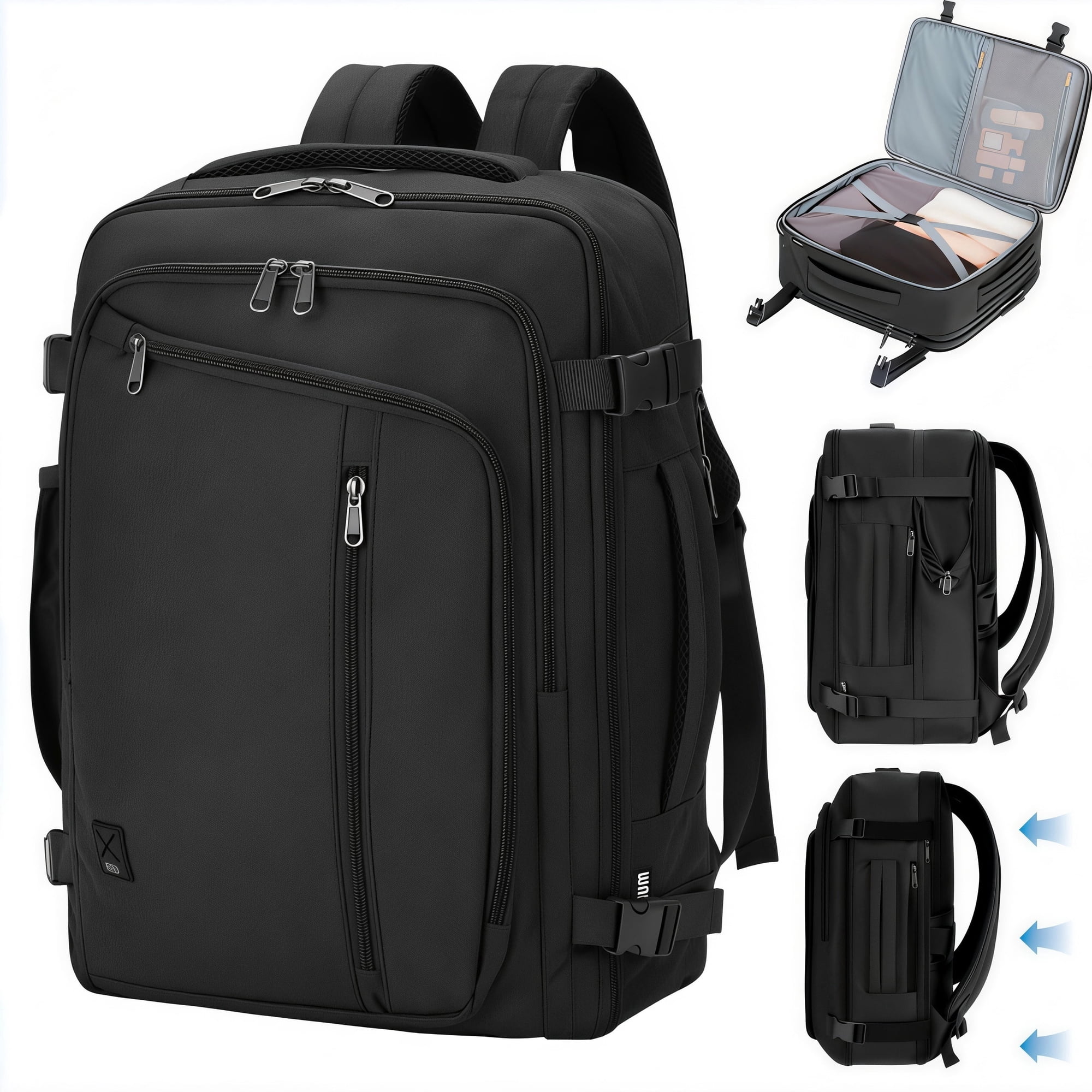WANDF Expandable Travel Backpack 17 In Laptop Backpack with Wet Pocket For Spirit Airlines,Underseat personal item travel bag Hand Luggage, Large Casual Daypack for Weekender Business(Black Bag)
