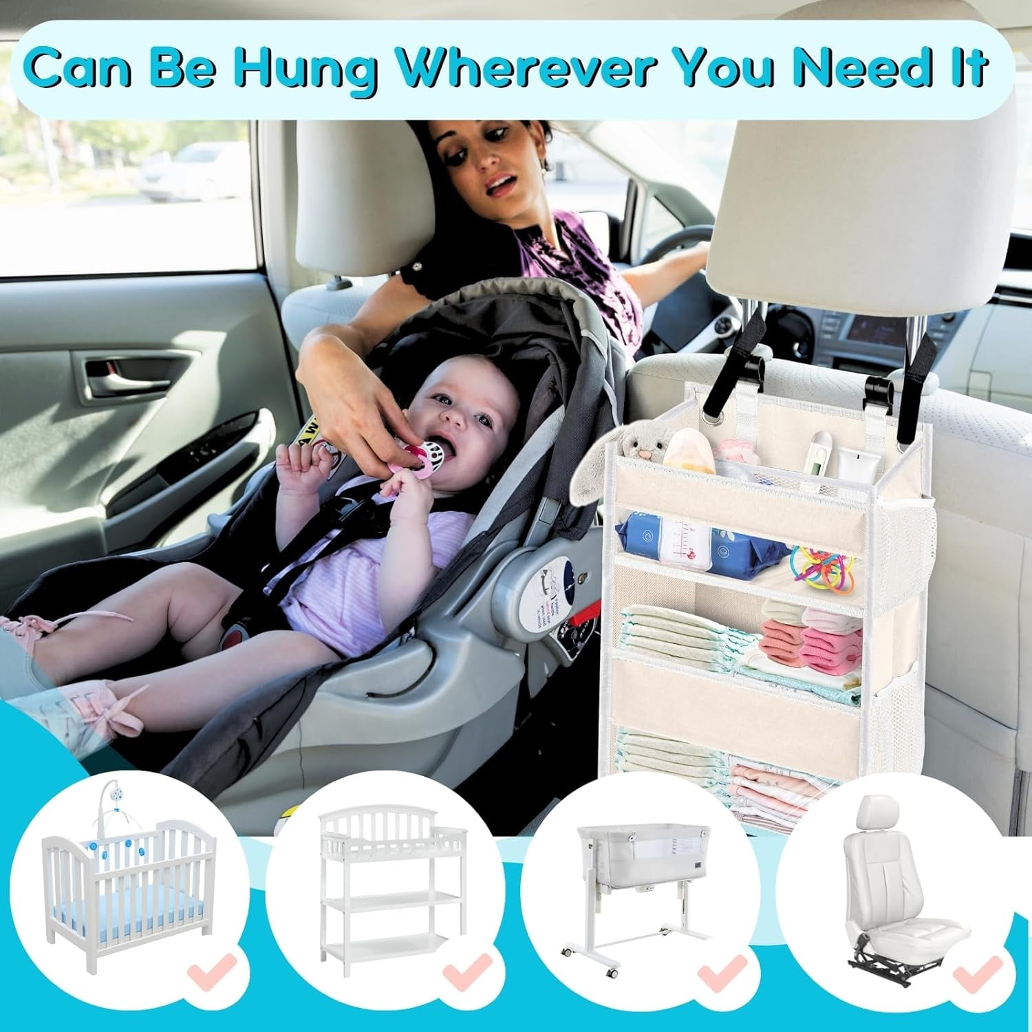 Hanging Diaper Organizer for Changing Table,Cribs,Car,Playard or Wall & Nursery Organization, 2-Tier Diaper Organizer- Hold 90+ Diapers, Beige
