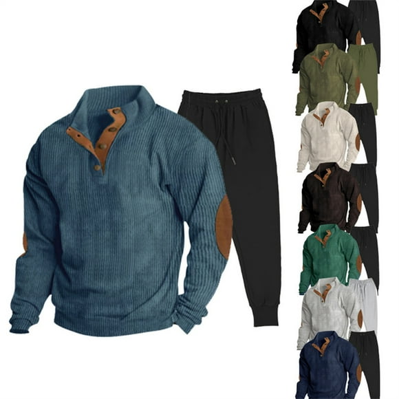 YOIAVAIOY Men's Tracksuit 2 Piece Set Color Block Sweatsuit Corduroy Polo Sweatshirt and Drawstring Joggers Sets Elbow Patch Stylish Outfits Black L