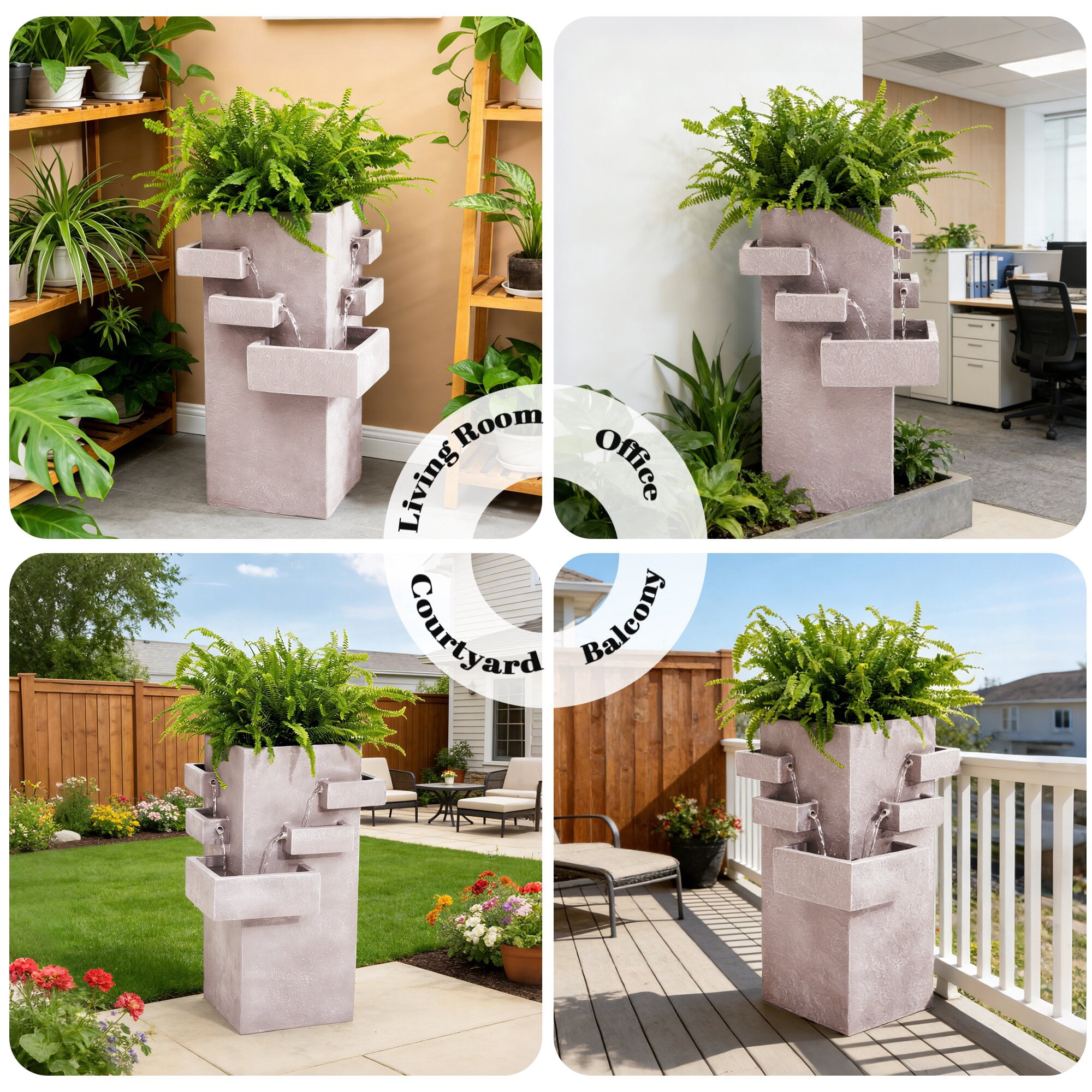 Kaluomm Outdoor Water Fountain 28" Modern Square, Textured Resin Cascading Waterfall for Garden Yard Patio, Beige