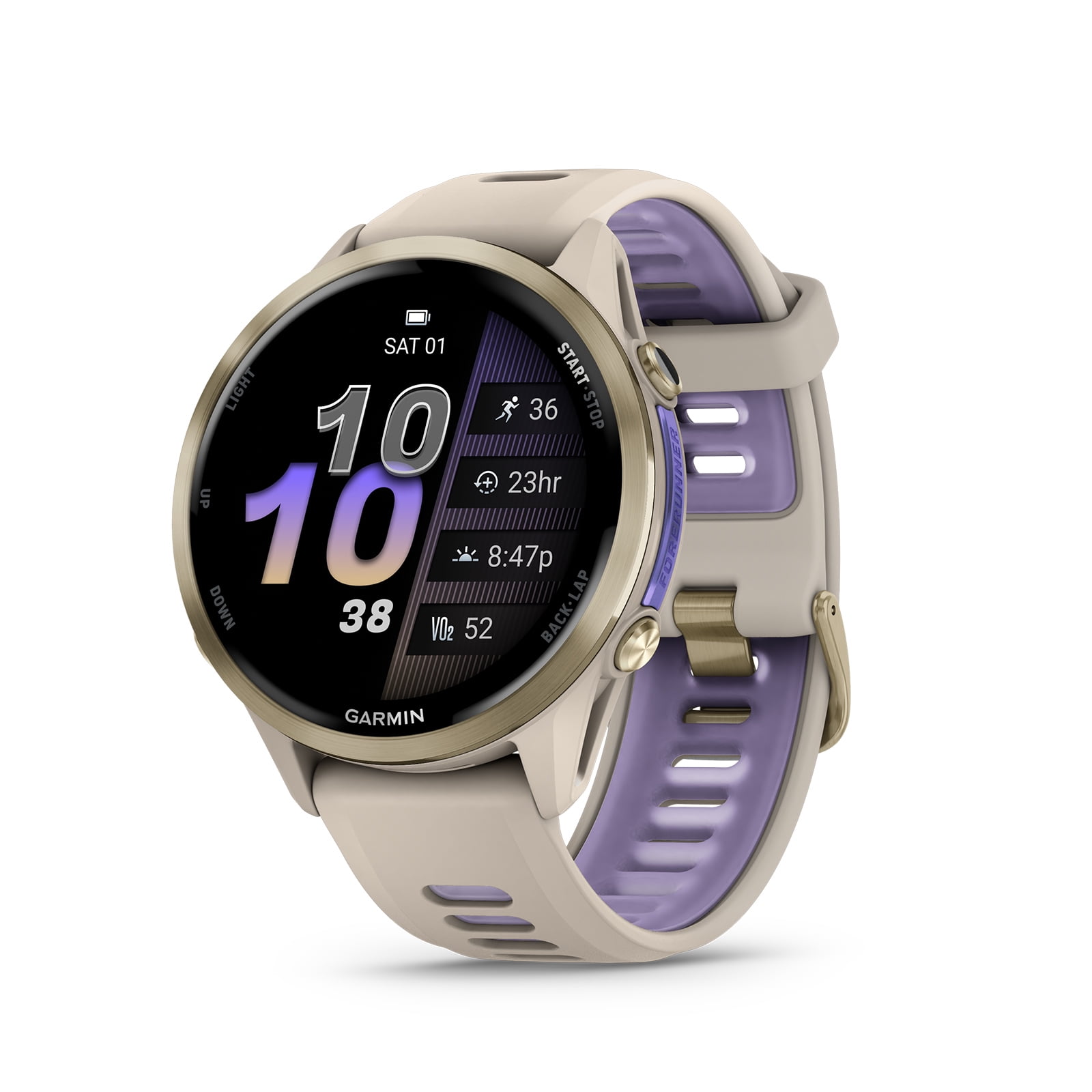Garmin Forerunner 970 Running Smartwatch, GPS Fitness Smart Watch For Men And Women, Soft Gold Titanium with French Gray Case and French Gray/Translucent Indigo Band Bundle With P-Bank + More