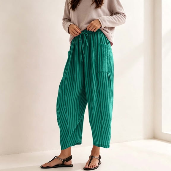 Sunnin Womens Striped Pants Drawstring Elastic Waist Pockets Loose Casual Cropped Long Pants S-XXXL
