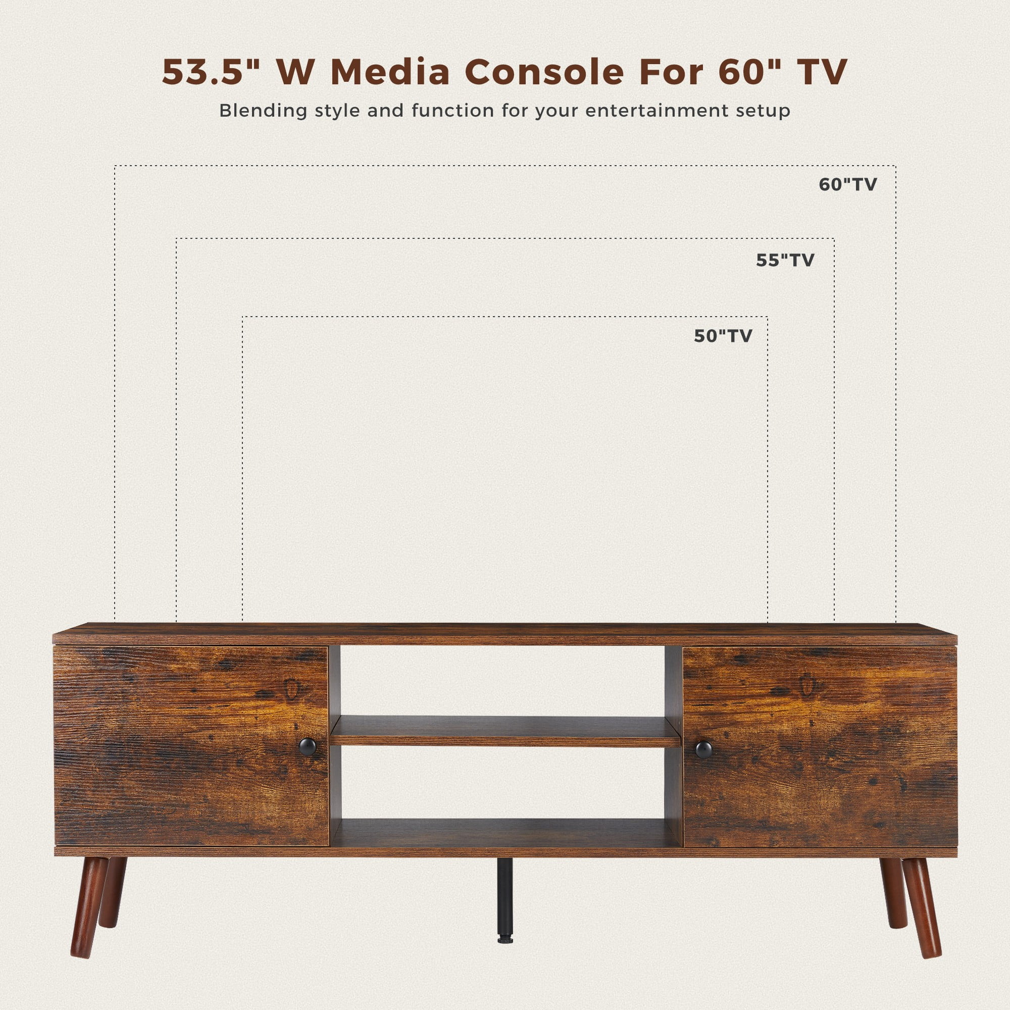 GIANNA Mid-Century Modern Wooden TV Stand for 55-60” TVs, 2 Storage Cabinets, Adjustable Shelf, Cable Management, Sturdy Legs, Easy Assembly, Rust Brown