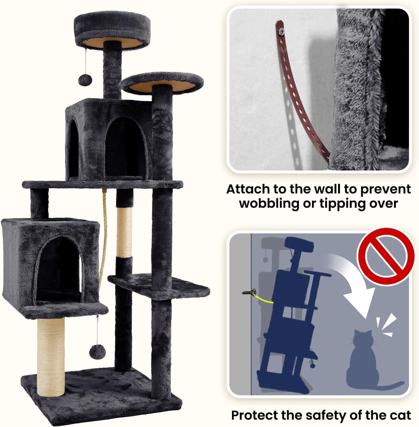 58 Inch Cat Tree Cat Tower for Indoor Cats Tall Cat Condos Scratching Post with Hanging Toy Furniture for Kitten Pets Play, Grey Black