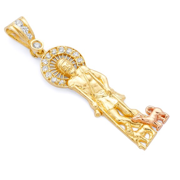 Wellingsale 14K Two 2 Tone Rose and Yellow Gold Polished Ornate St. Lazaro Pendant with CZ Accents