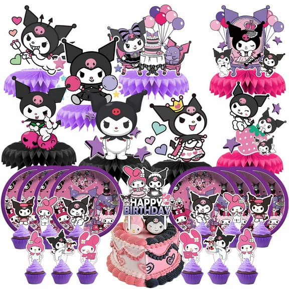 Kuromi Party Supplies Decor Plates Fans Decorations Honeycomb Centerpieces Cake Toppers