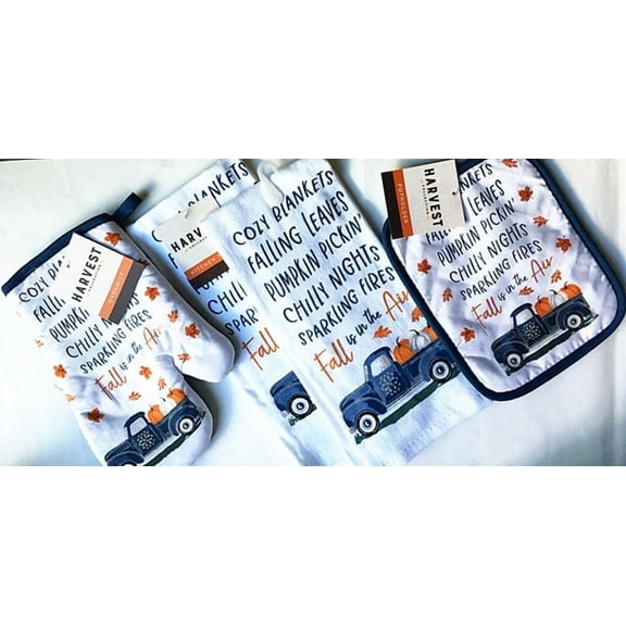 Seasonal Kitchen Linen Set - Includes Vintage Truck Fall Autumn Kitchen Towel Set - 2 Fall Kitchen Towels 1 Oven Mitt 1 Pot Holder