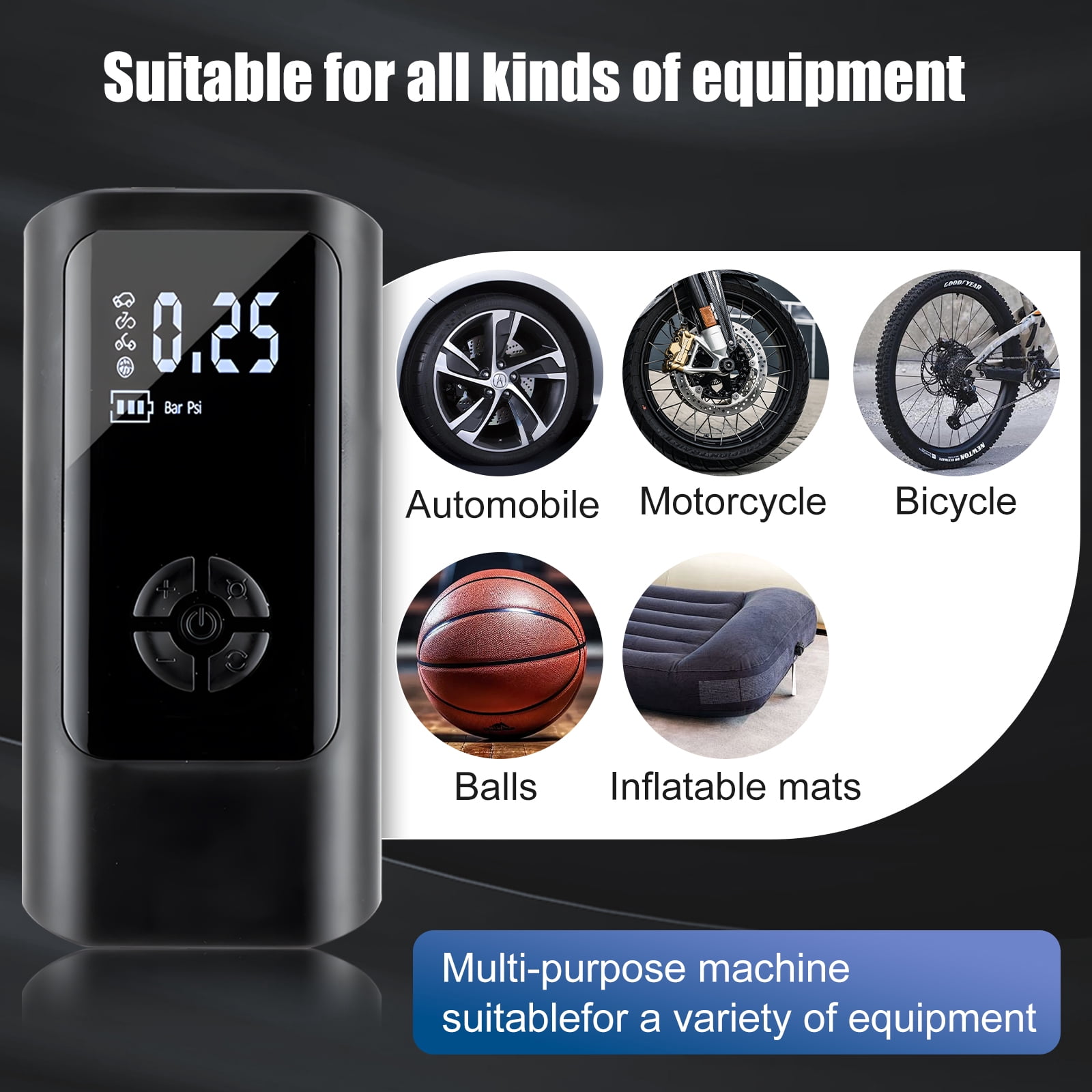 12000mAh Tire Air Compressor Pump For Car Tires with Digital Pressure Gauge, LED Light and Auto Shut-Off Function - Cordless Pump for Car, Motorcycle, Bicycle, Balls and More